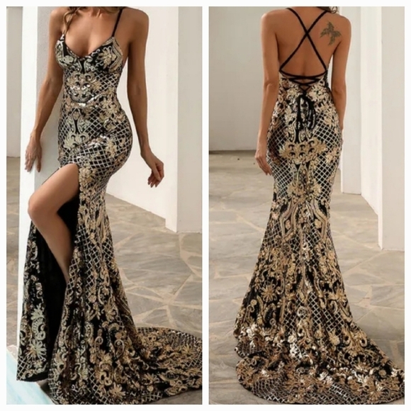 Black and Gold Spaghetti Strap,  Sleeveless, Strappy, Sequined, and Mesh Gown - Picture 1 of 9